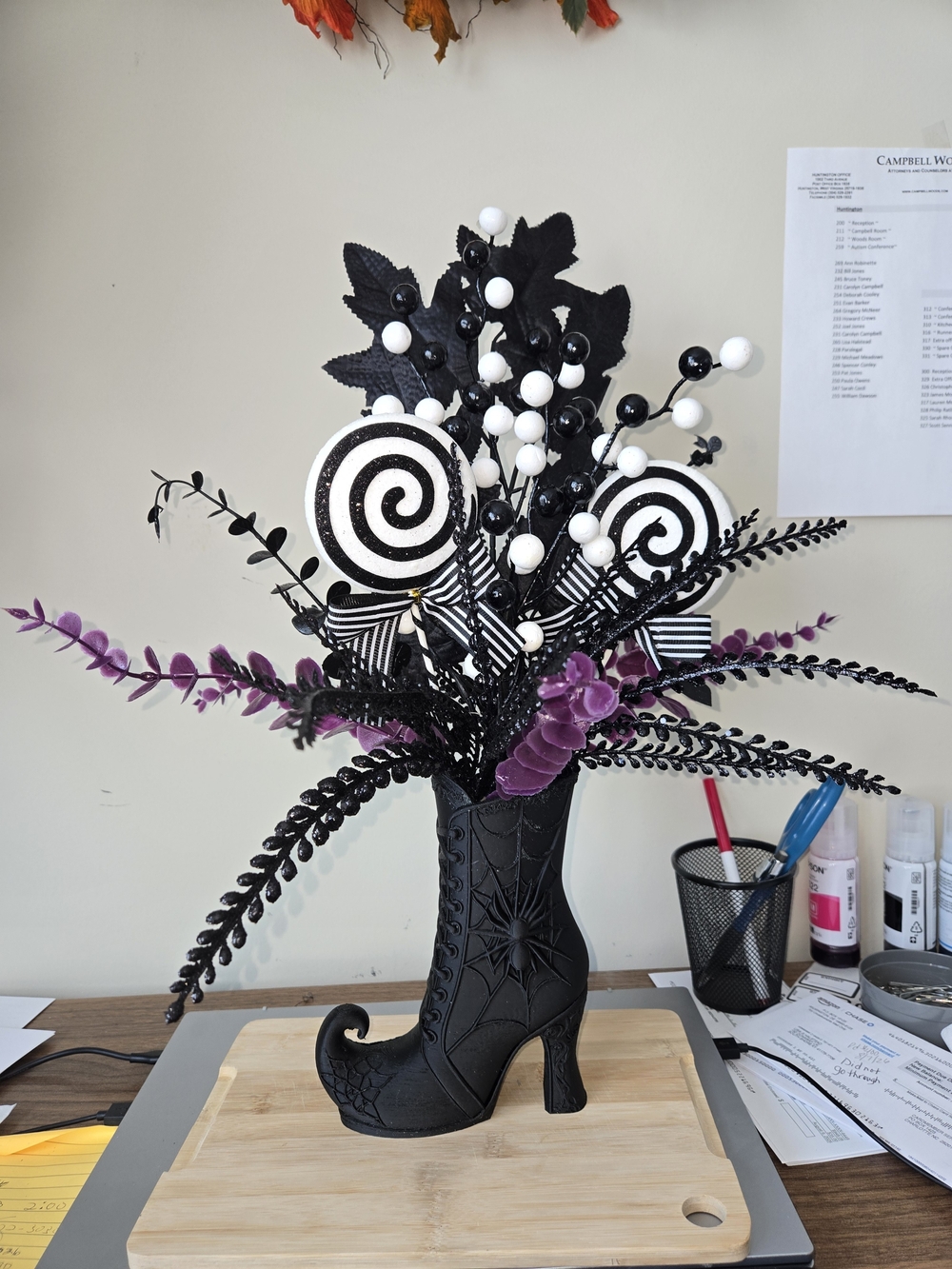 Black and Purple Gothic Boot Vase Floral Arrangement - Home Accents